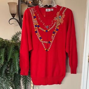 Vintage 80s Career Red Knit Embellished Long Sweater Dolman Sleeves Holiday Xmas